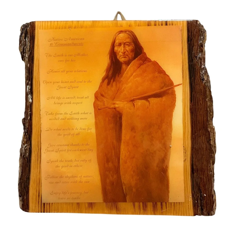 Vintage Native American 10 Commandments Wood Slab Wall Plaque Cliff Dweller